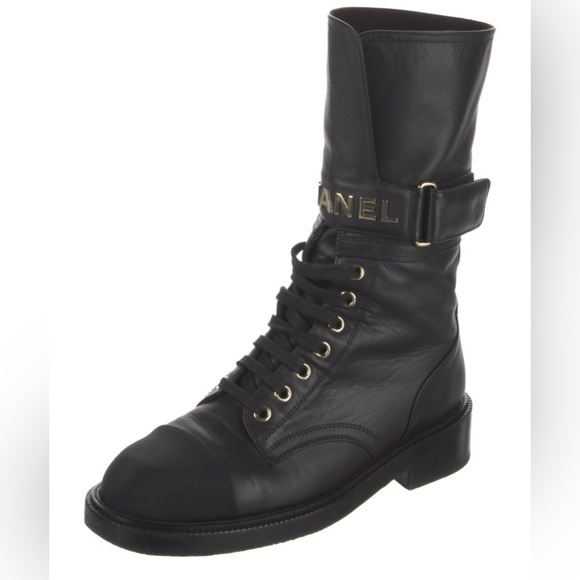 Chanel Black Leather Chanel golden logo sign combat lace up boots - Picture 1 of 16